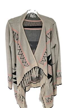 Pink Owl Aztec Bohemian Tribal style Open Front Cardigan w/ Fringe Pink Sz L